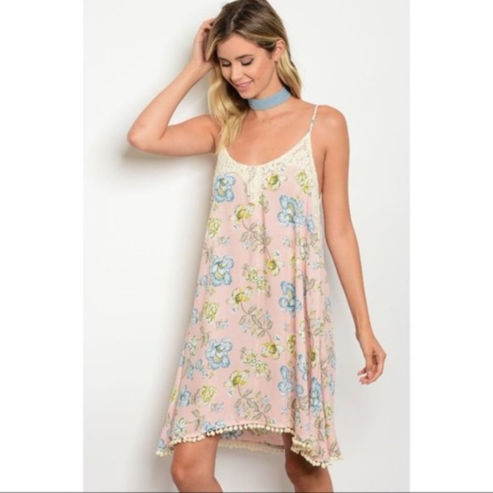 Floral Dress With Lace And Pom Pom Details